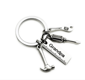 Silver stainless steel keychain with Grandpa engraving and miniature tools pendants