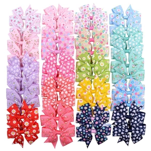 Grosgrain Ribbon Hair Bow Clips Floral Daisy Print Polka Dot Sweet Style Accessories For Toddlers Baby Girls Kids