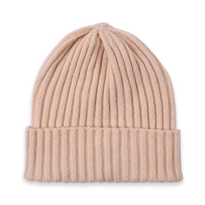 Detailed close-up of beige ribbed knit texture and wide folded cuff on a soft beanie