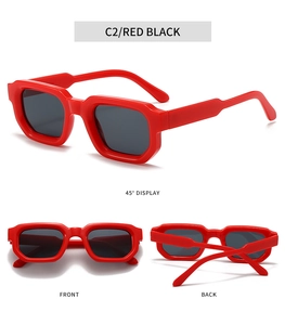 Three-view display of red thick square frame sunglasses with black lenses from multiple angles