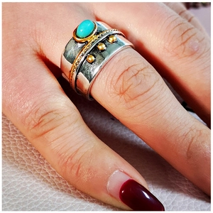 Vintage boho wide ring with blue turquoise stone and two-tone silver gold finish