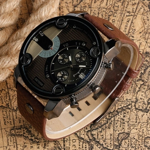 Detailed view of large dial quartz watch with brown leather strap on retro map background