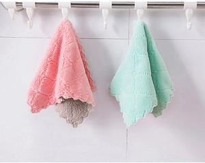 Thick coral fleece cleaning cloths with wavy edges and hanging loop for storage