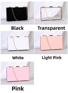 Collage of transparent acrylic clutch bags in black, white, and pink with gold chains
