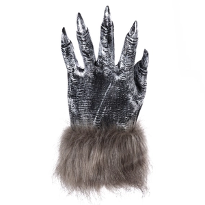 Realistic werewolf gloves with long silver claws and thick brown faux fur for Halloween
