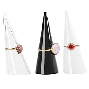 Conical acrylic ring display stands in black, white, and clear for jewelry organization