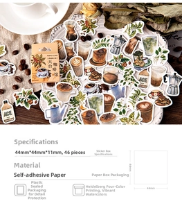 Detail view of 46pcs watercolor coffee theme vintage stickers for DIY scrapbooking