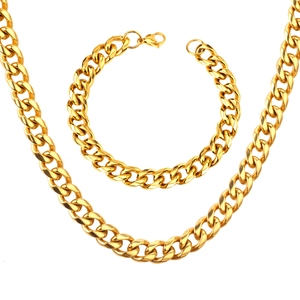 Men's 10mm gold stainless steel Cuban link chain necklace and bracelet jewelry set