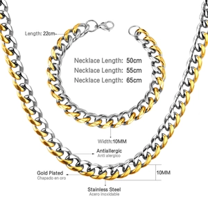 Detail of 10mm stainless steel Cuban chain set with length and antiallergic specs