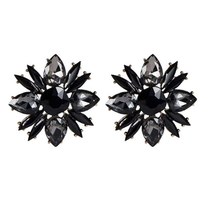 Elegant floral stud earrings featuring mixed black and smokey grey crystals in alloy base