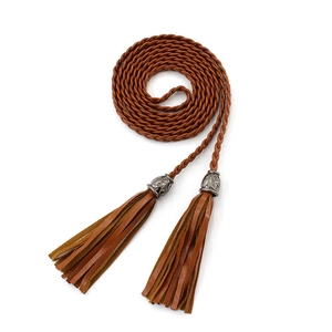 Braided brown PU leather skinny waist belt with vintage silver accents and long tassels