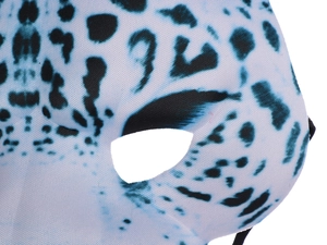 Detail of leopard print EVA mask showing precision laser-cut eye holes and fabric texture