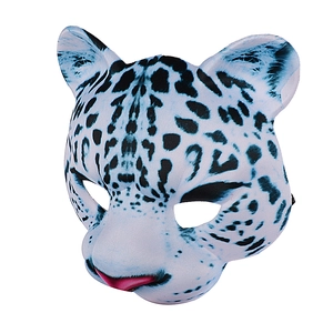 Detailed view of EVA snow leopard mask with realistic fur print and pink nose for parties
