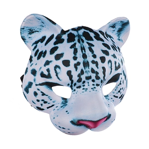 Close-up of the realistic snow leopard fabric texture and pink nose detail on the mask