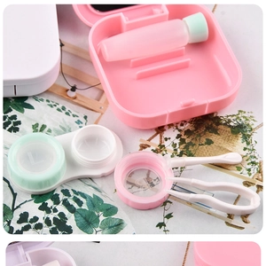 Pink matte square contact lens case set with solution bottle, tweezers and applicator tool
