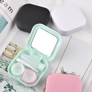 Matte square contact lens case set with mirror, tweezers and suction tool in pastel colors