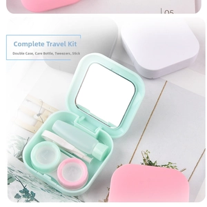 Detailed set of mint green square contact lens travel case with mirror and tools