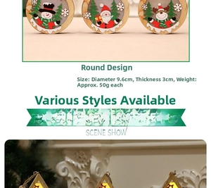 Detail showing 9.6cm round wooden Christmas ornament with reindeer and Santa motif