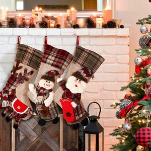 Grandes Chaussettes de Noël Décorations Père Noël Bonhomme de Neige Renne Plaid Lin Sacs Cadeaux pour Cheminée Décoration