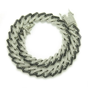 Silver cuban link necklace with black and white rhinestones and pave-set clasp