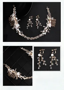 Detail of bridal hair comb set with white resin flowers and shimmering pearl accents