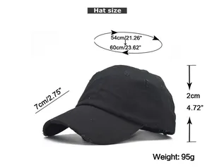 Detailed size chart for cotton baseball cap showing 54-60cm circumference and 7cm brim