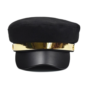 Classic black newsboy hat for women with glossy leather brim and gold metal trim