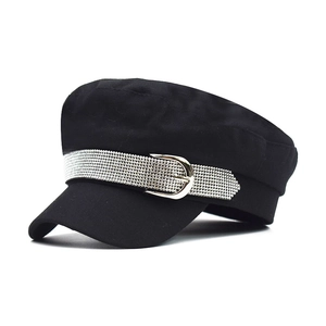 Women Navy Newsboy Cap Cotton Flat Top Hat With Rhinestone Band And Metal Buckle Fashion Trendy Elegant Accessory