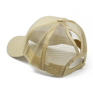 Detail view of khaki cotton ponytail baseball cap featuring breathable mesh and velcro closure