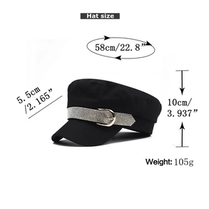 Detailed size chart of the black cadet cap with silver rhinestone band and metal buckle
