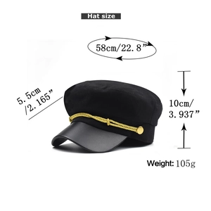 Dimensions pour casquette marine noire en coton avec visière cuir et détails dorés