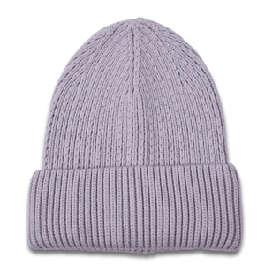 Detailed close-up of light purple knitted beanie with thick ribbed texture and folded cuff