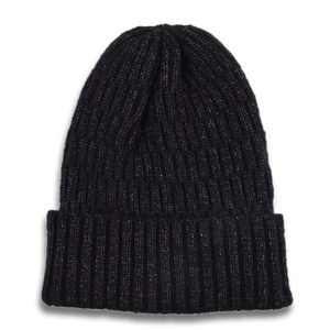 Detail of black ribbed knit beanie showing thick wool texture and folded cuff edge