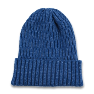 Detailed close-up of dark blue ribbed knit texture and wide folded cuff on beanie hat
