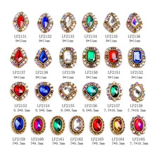 Macro grid of vintage alloy nail charms with colorful rhinestones and size details