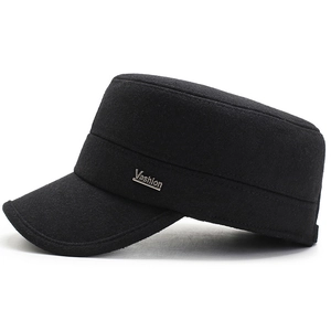 Classic black wool flat top army cap for men with premium metal brand plaque detail