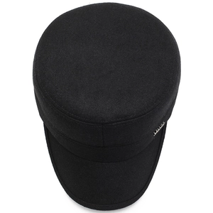 Men's wool blend flat top cadet cap in black featuring ear protection for winter