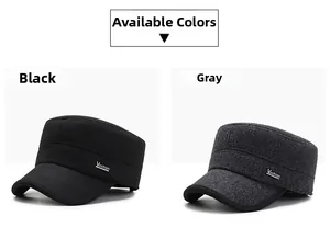 Detail view of wool blend flat top military hats in black and dark grey colors