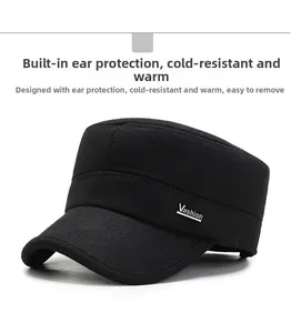 Detail view of winter flat cap with ear flaps and wool fabric for senior men