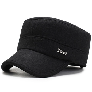 Men's black wool cadet cap for winter with ear protection and Vashion metal plate