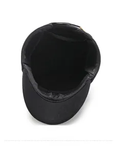 Detail of the high-quality inner lining and sweatband of a black wool flat cap for men