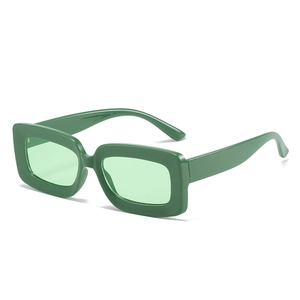 Trendy rectangular avocado green sunglasses with thick frames and light green lenses