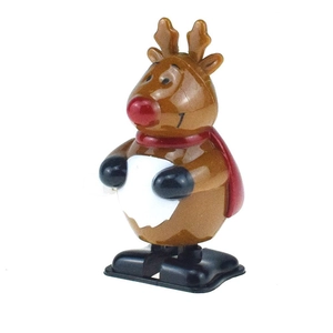 Detail of a brown plastic wind-up reindeer toy with red nose and white belly