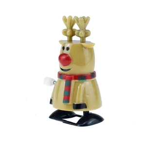 Detail of yellow wind-up reindeer toy with red nose and mechanical walking mechanism