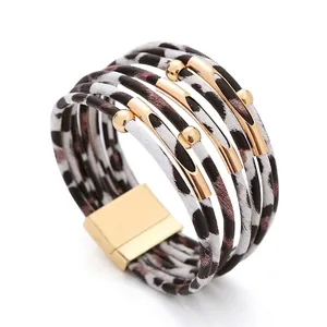 Bohemian Multi Layer Wrap Bracelet For Women Leopard Print Leather Copper Beads Magnetic Buckle Geometric Fashion