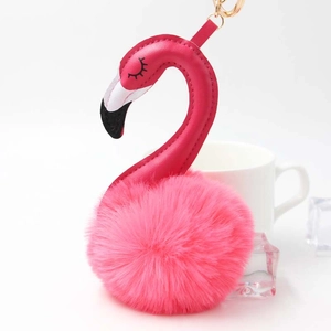 Flamingo Keychain Plush Pompom Bag Pendant PU Leather Animal Shape Gold Metal Ring Fashion Ornament Accessory For Women