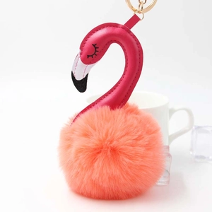 Pink PU leather flamingo keychain with orange fluffy pompom ball and metal ring