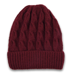 Detailed view of the burgundy chunky cable knit beanie with ribbed fold-over cuff design