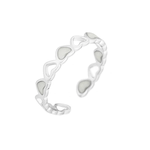 Adjustable hollow heart-shaped ring in silver finish with white glow-in-the-dark enamel fill