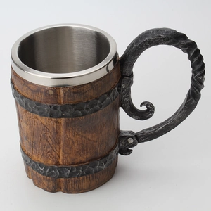 Detailed close-up of 304 stainless steel interior and realistic faux wood barrel texture